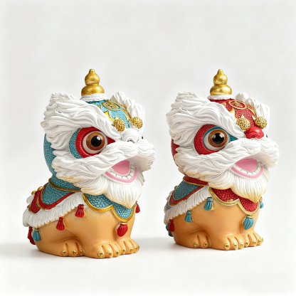 Ein Paar glückverheißende Drachen- und Löwenornamente, die Glück bringen