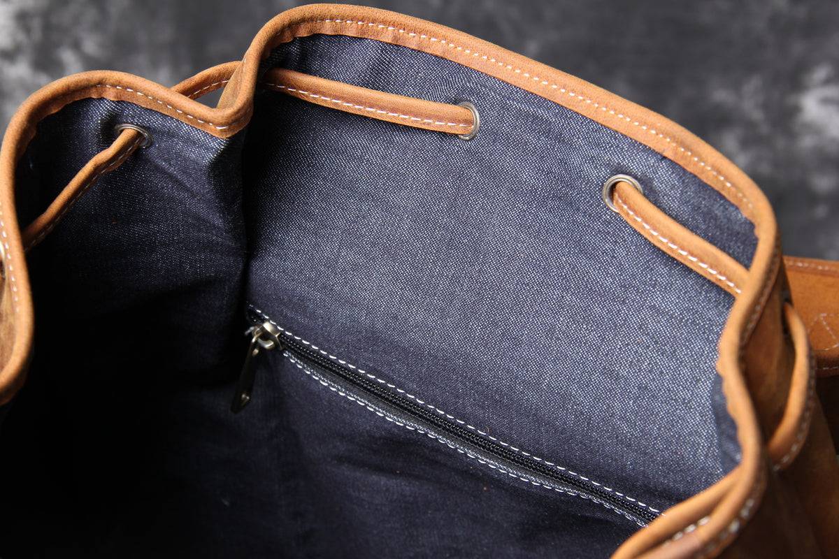 pure leather carry-all backpack with zipped pockets to securely transport a wallet, a coin purse, a card holder or sunglasses