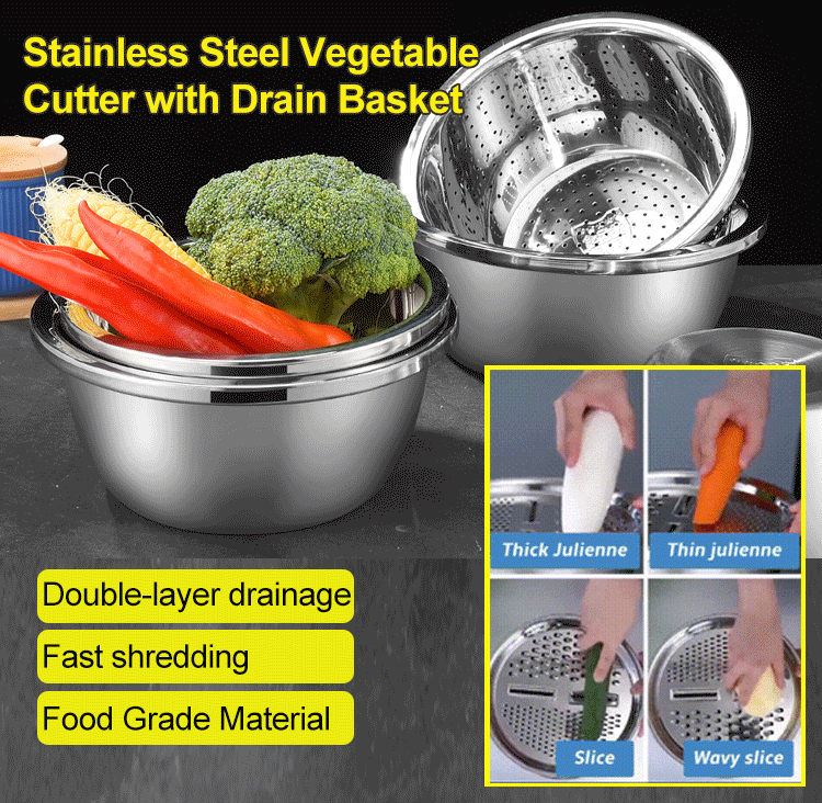 Stainless Steel Vegetable Cutter with Drain Basket，Grating basin, water filter basin, stainless steel basin all-in-one