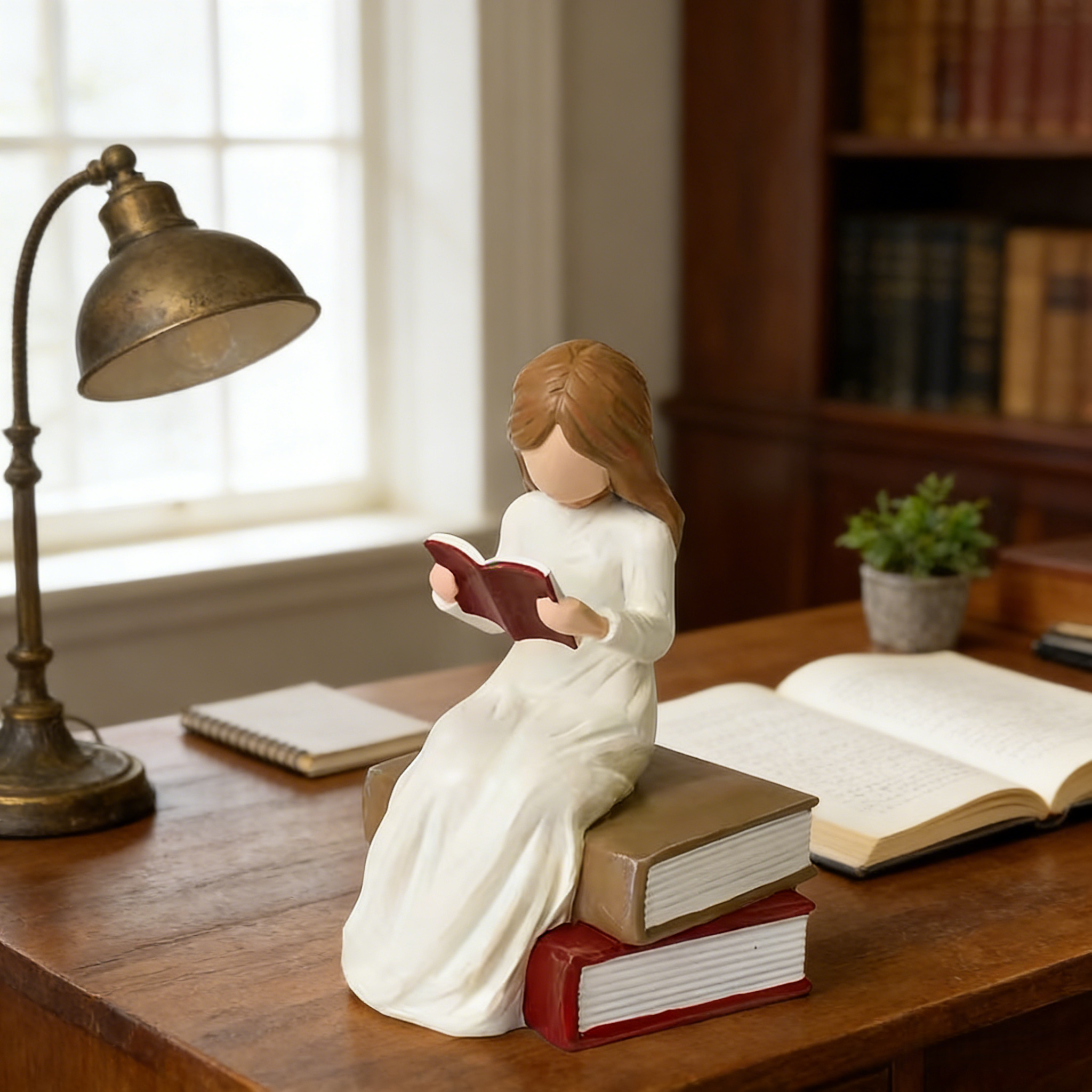 Book Lover Gifts Reading Sculpture,Hand-Painted Resin Figurines Ornaments ,Bookshelf Decor for Home Office Desk