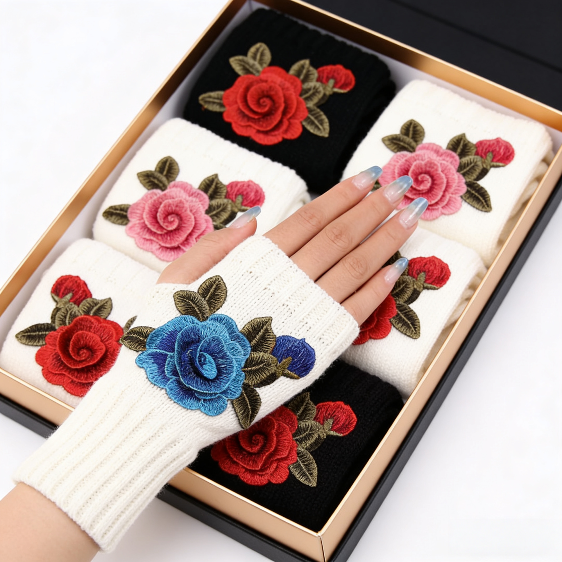 Women Rose Flower embroidery Winter Fingerless Gloves