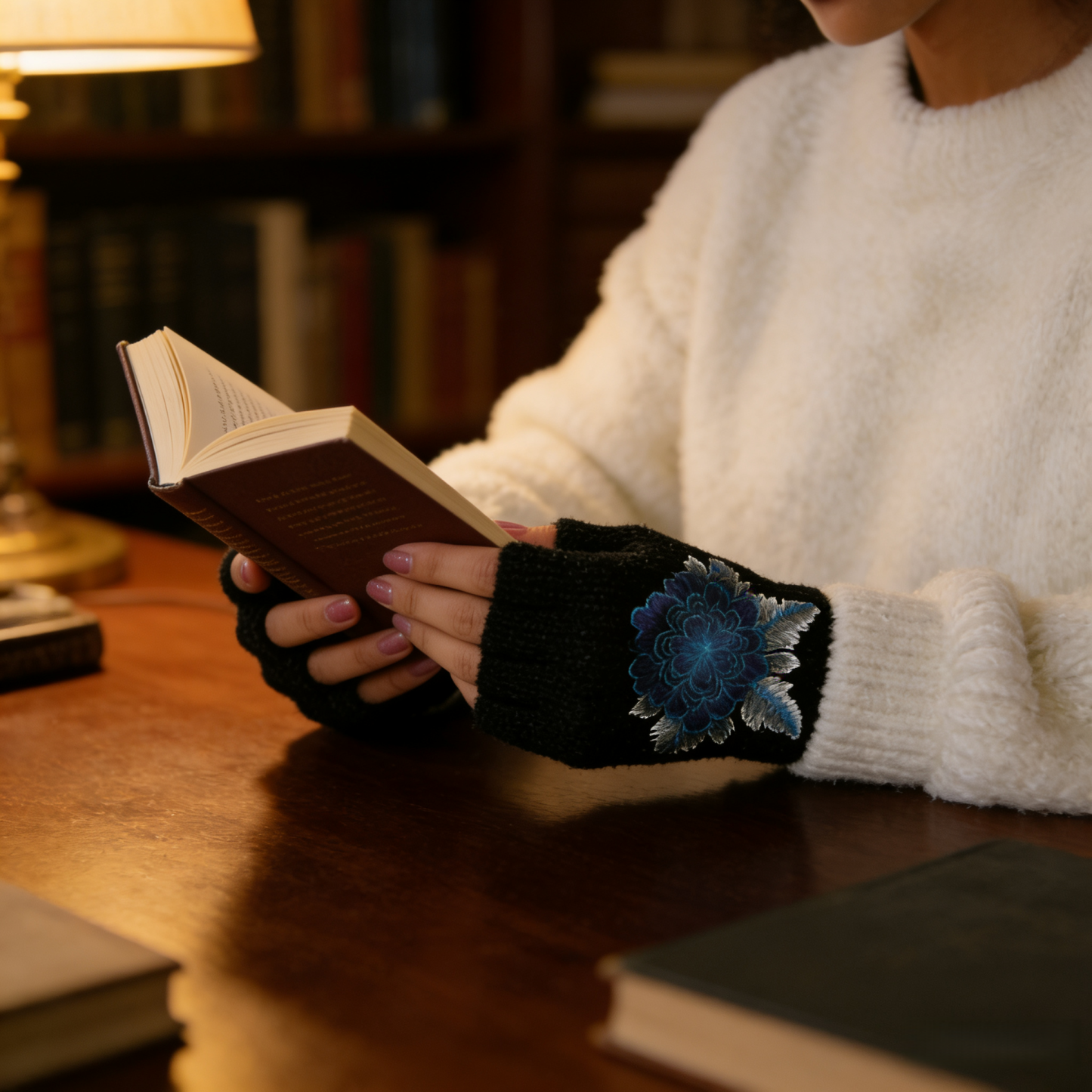 Women Rose Flower embroidery Winter Fingerless Gloves