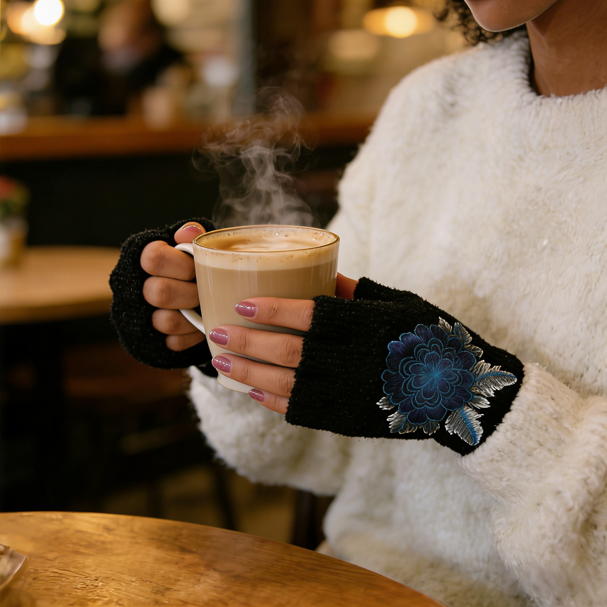Women Rose Flower embroidery Winter Fingerless Gloves
