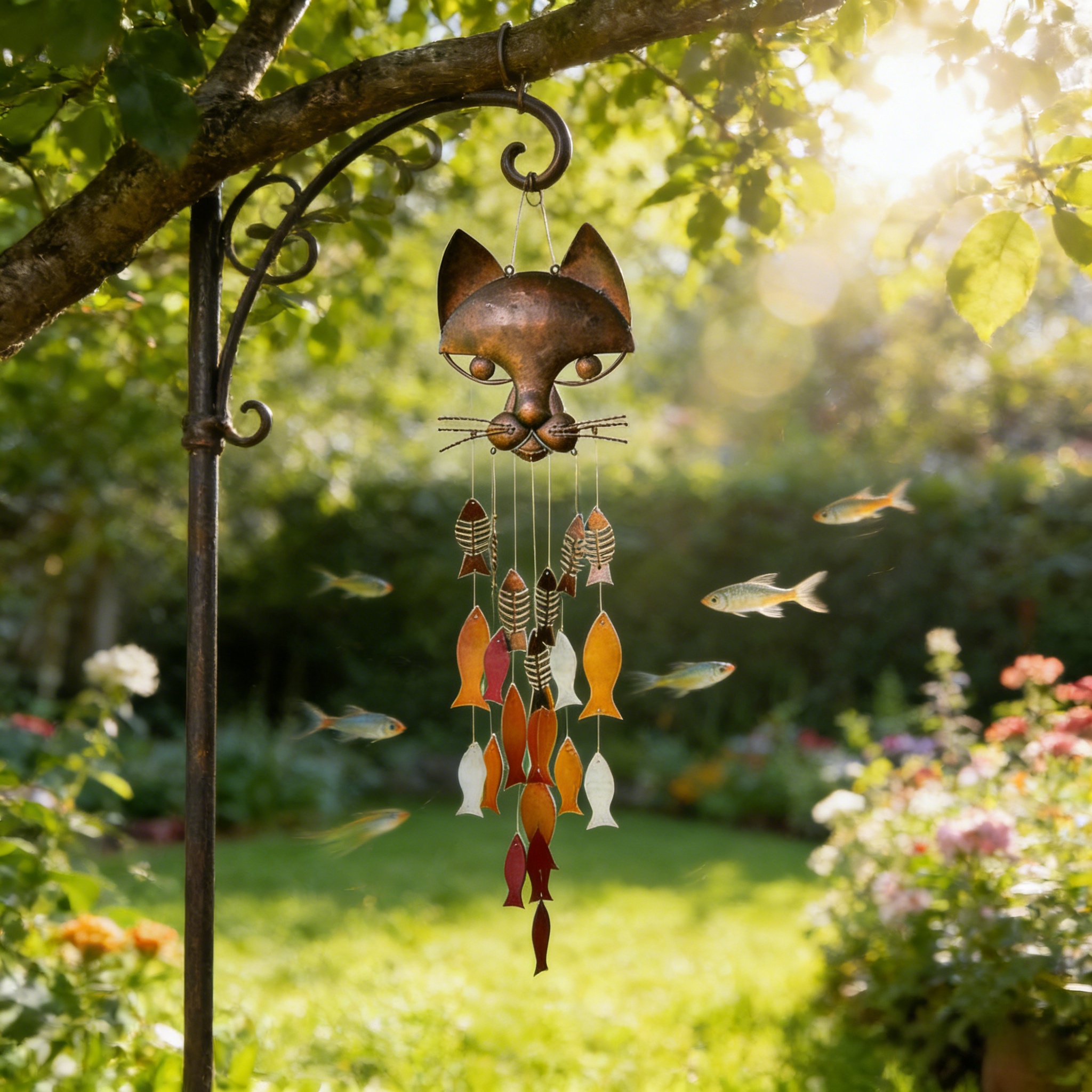 Metal Cat and fish wind chimes