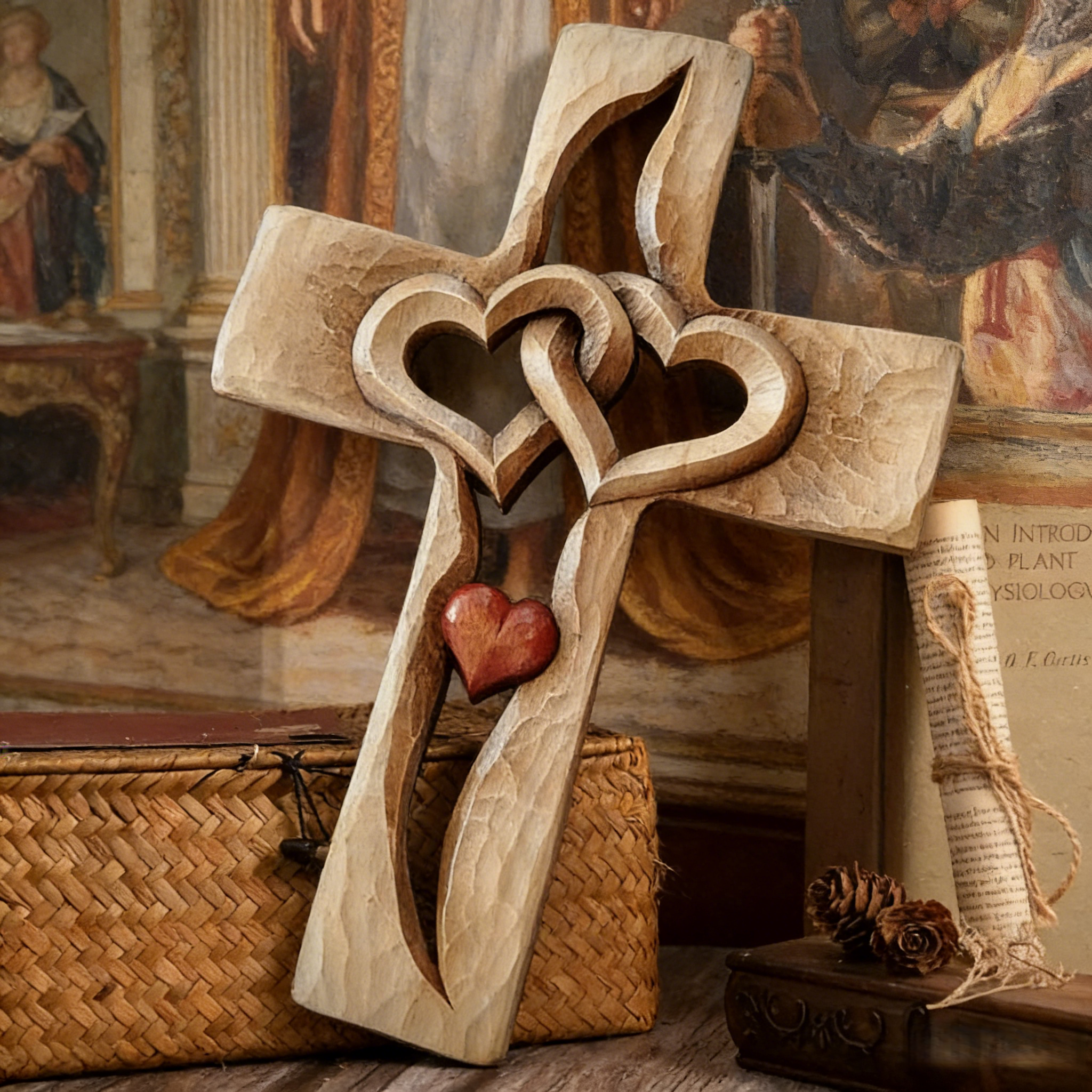 Hand-Carved Intertwined Hearts Wooden Cross