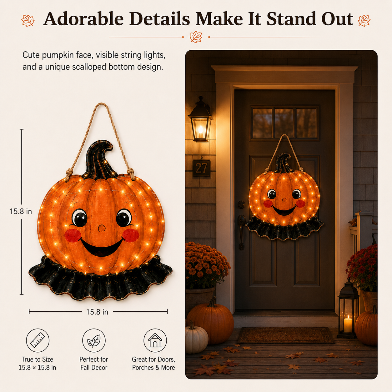 15.8 in × 15.8 in Lighted Wooden Smiling Pumpkin Door Hanger