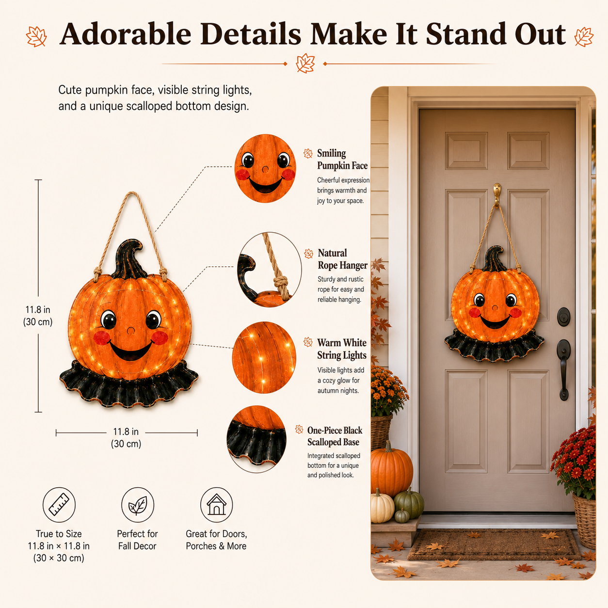 15.8 in × 15.8 in Lighted Wooden Smiling Pumpkin Door Hanger