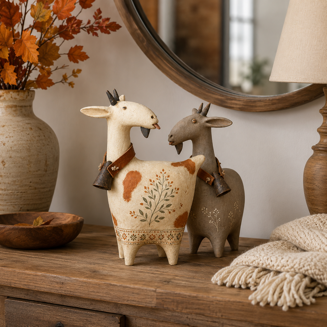 Vintage Harvest Goat Figurine Set 2-Piece Folk Art Fall Decor