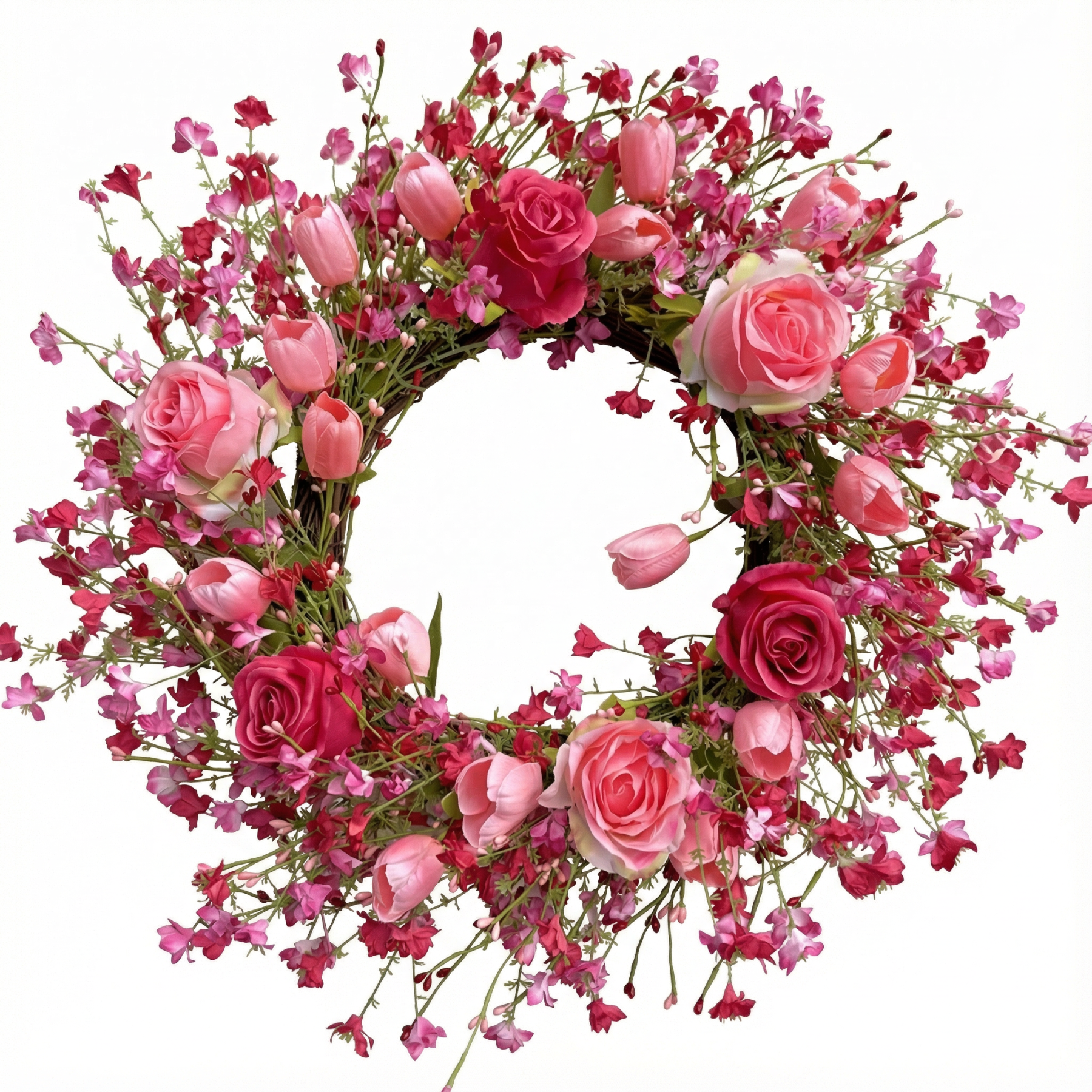 Valentine's Day Flower Wreath with Tulips Heart Berry for Window Porch Indoors Outside