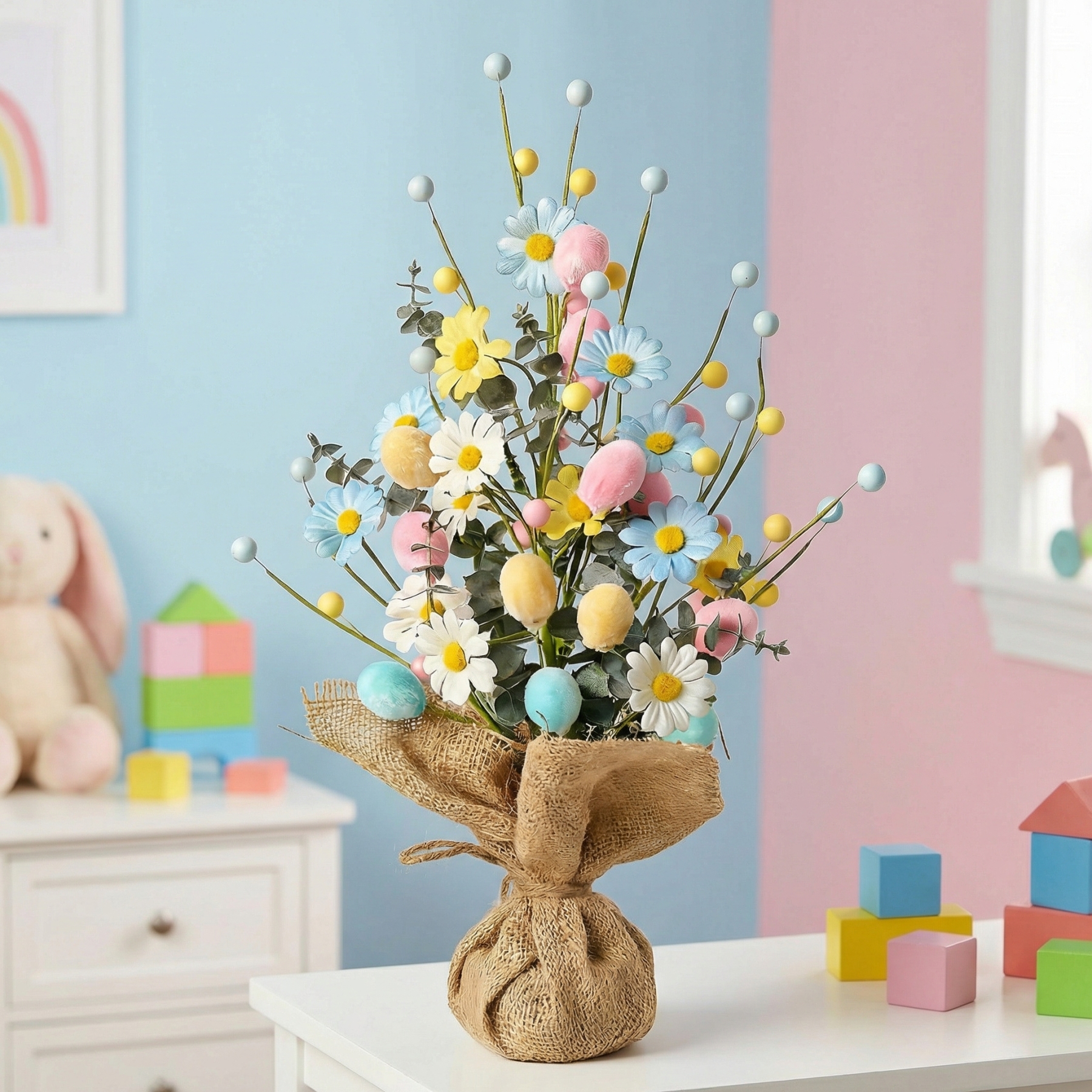 Easter Table Tree Decoration, Artificial Easter Egg Tree with Burlap Base, 