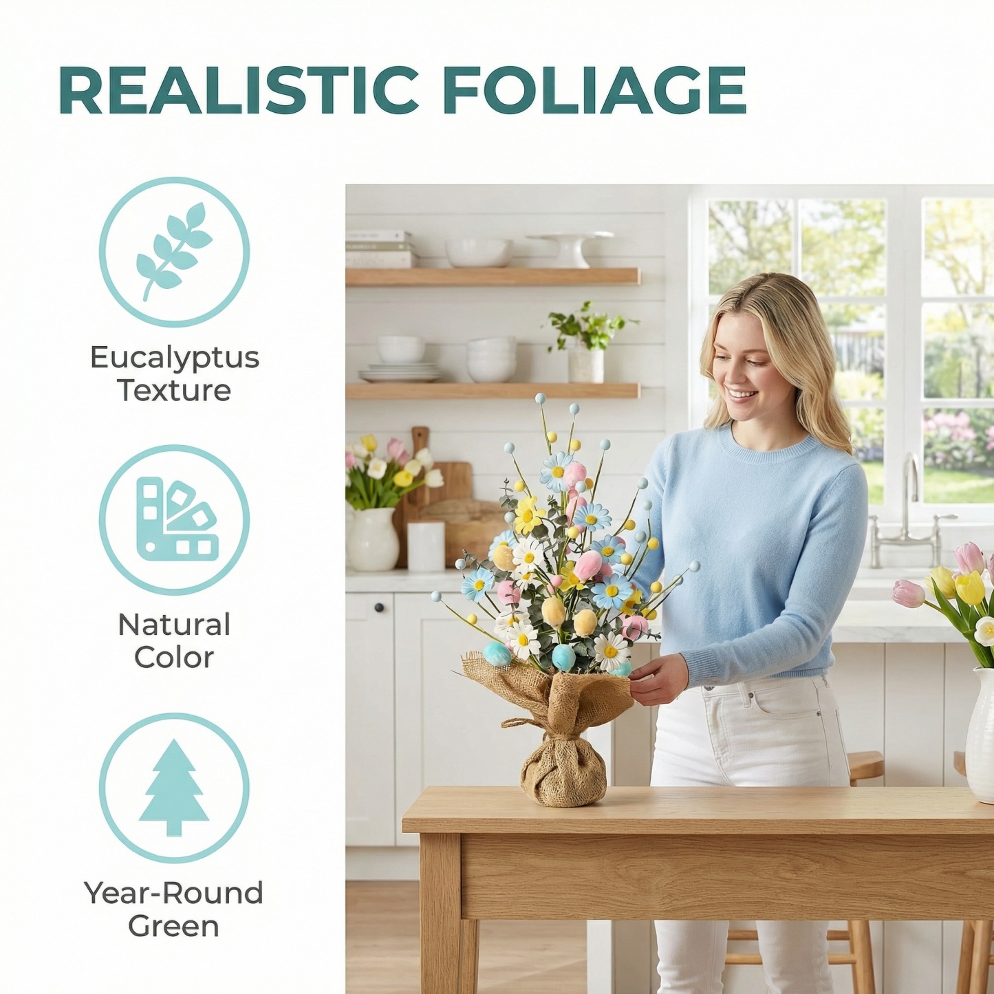 Easter Table Tree Decoration, Artificial Easter Egg Tree with Burlap Base, 