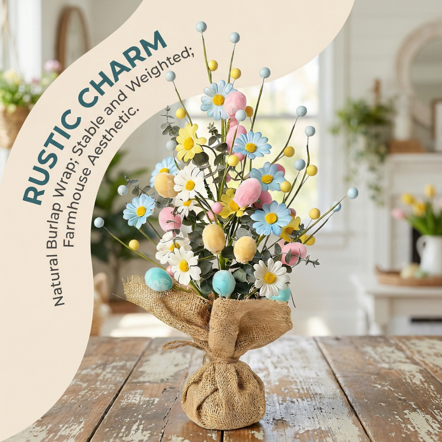 Easter Table Tree Decoration, Artificial Easter Egg Tree with Burlap Base, 