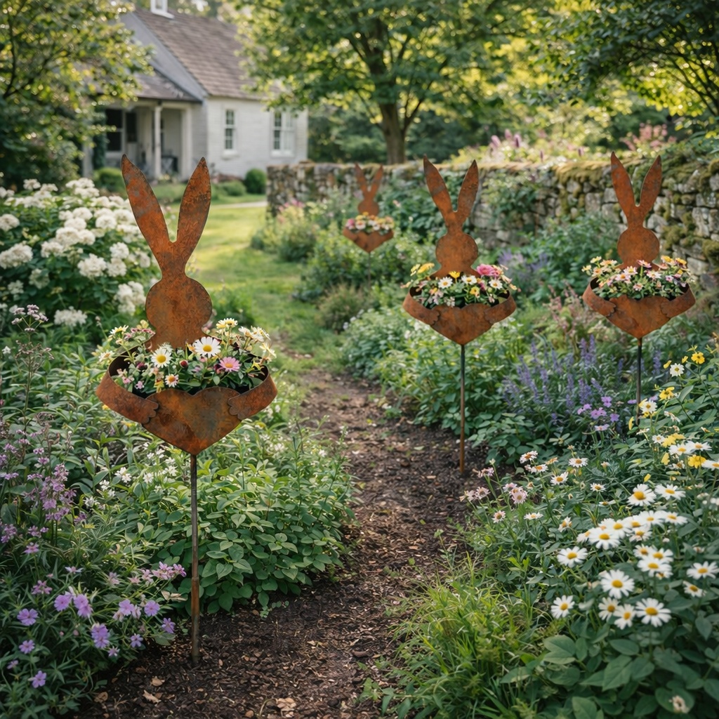 Easter Vintage Metal Rabbit Shaped Planter Garden Stake