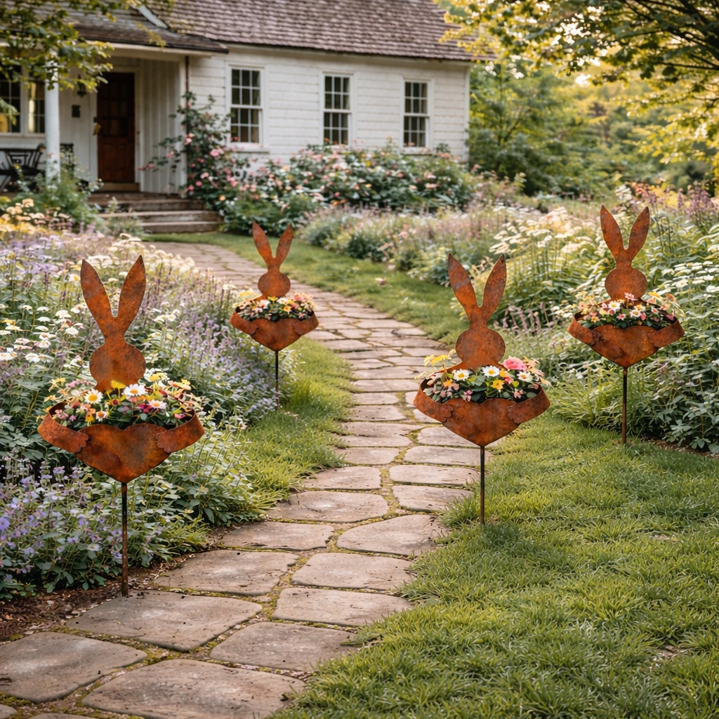 Easter Vintage Metal Rabbit Shaped Planter Garden Stake