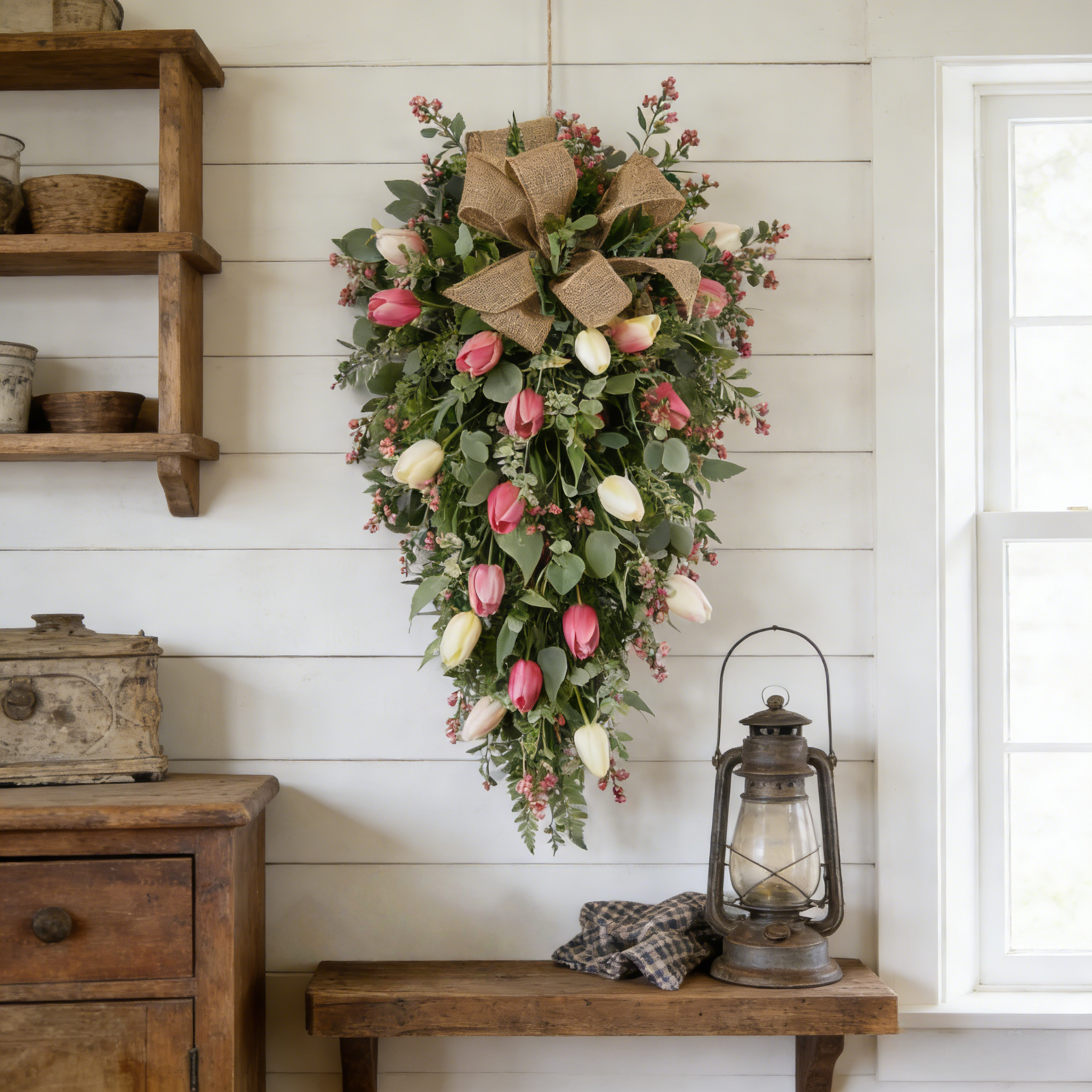 Artificial Tulip Door Swag with Greenery Leaves and Burlap Bow