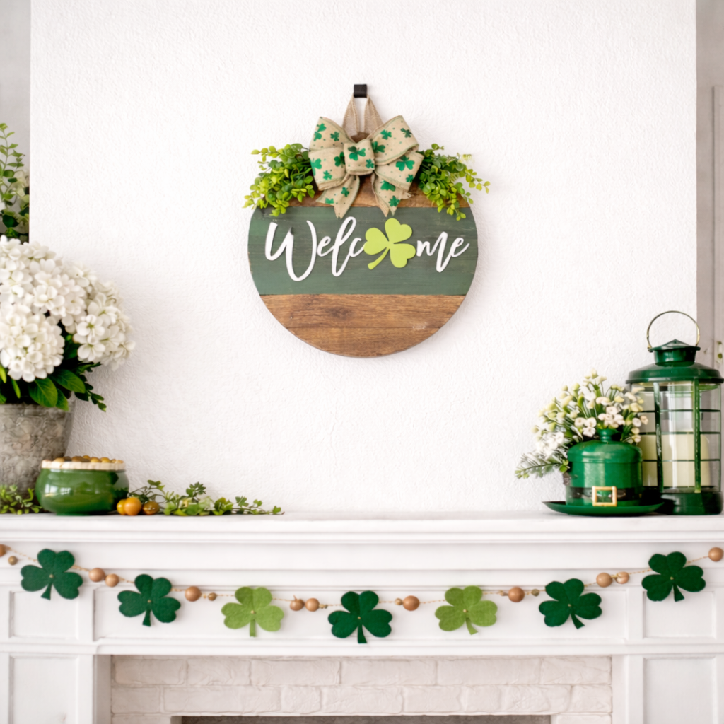 St. Patrick’s Day Door Hanging Wreath Decor – Wooden Shamrock Welcome Sign with Burlap Bow