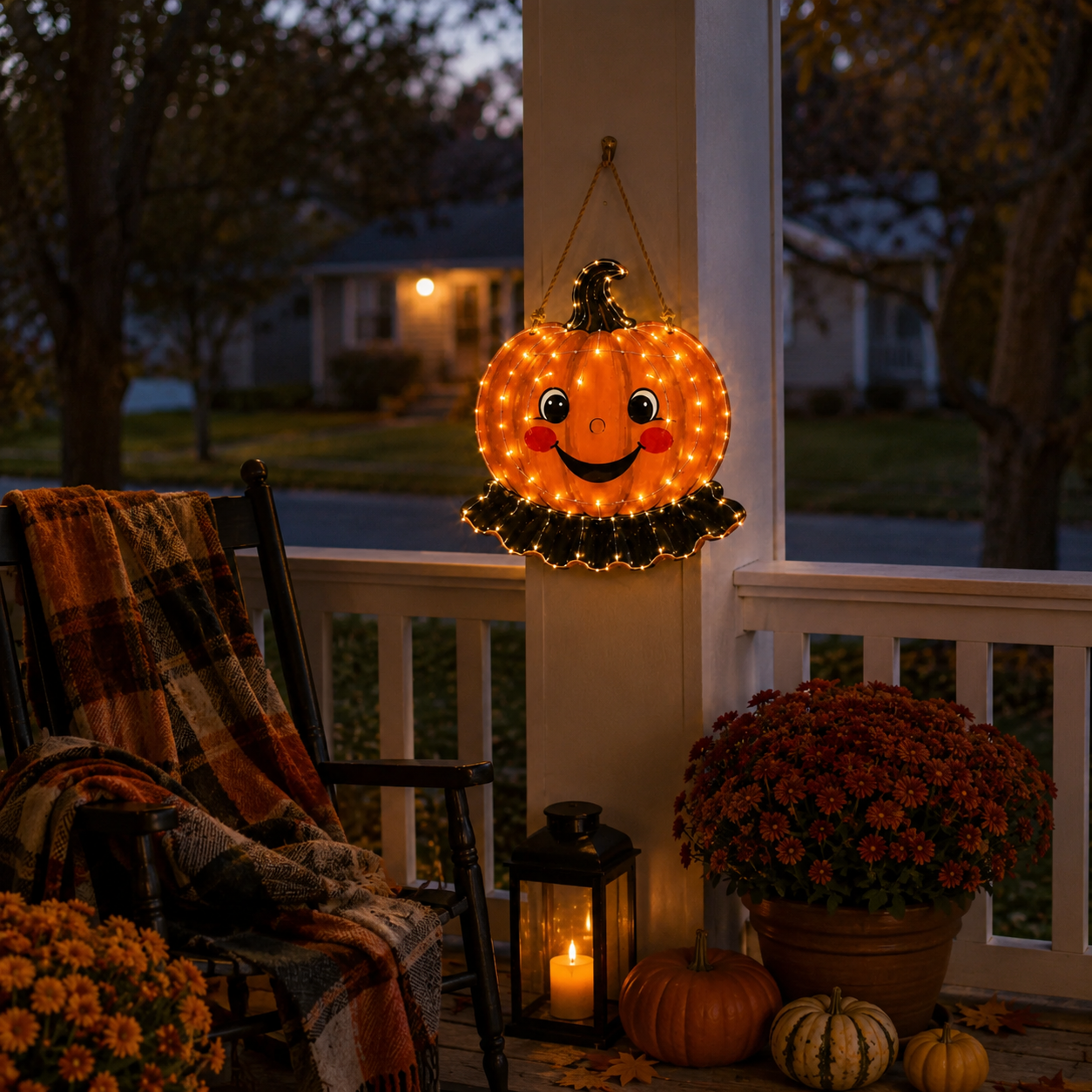 Early Sale for Halloween without the scary look and the whole autumn season--11.8 in × 11.8 in Lighted Wooden Smiling Pumpkin Door Hanger