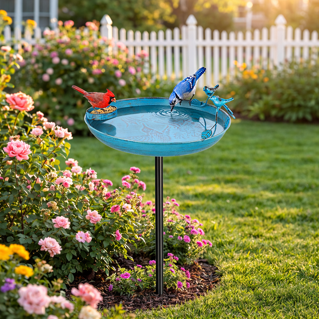 Outdoor Metal Bird Bath with Feeder – 37" Tall Garden Decor
