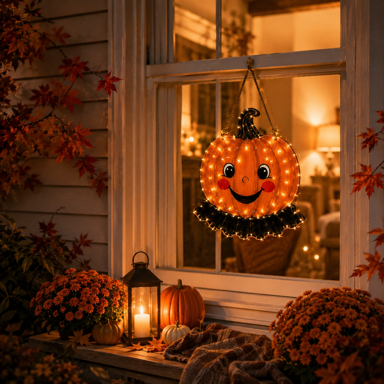 Early Sale for Halloween without the scary look and the whole autumn season--11.8 in × 11.8 in Lighted Wooden Smiling Pumpkin Door Hanger