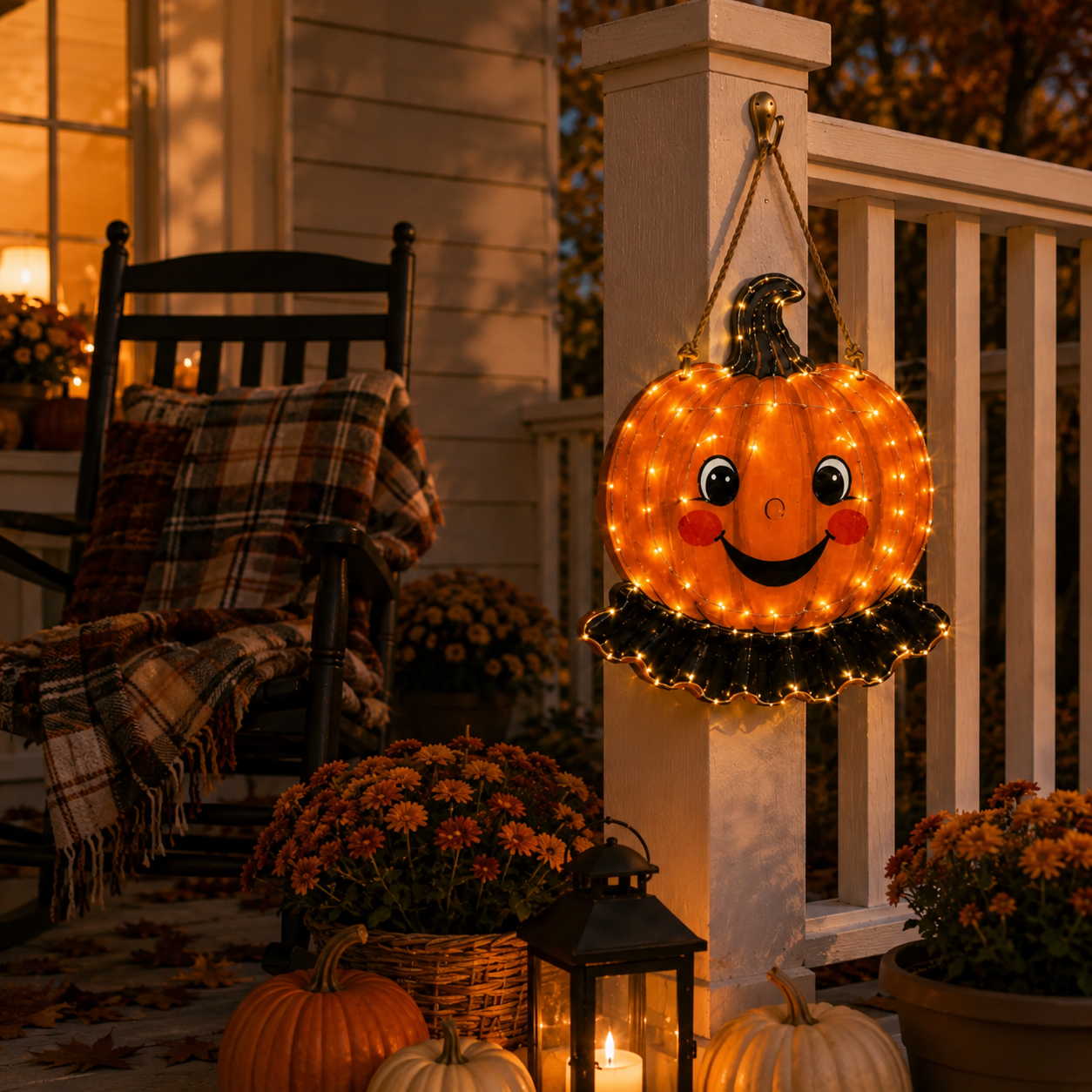 Early Sale for Halloween without the scary look and the whole autumn season--11.8 in × 11.8 in Lighted Wooden Smiling Pumpkin Door Hanger
