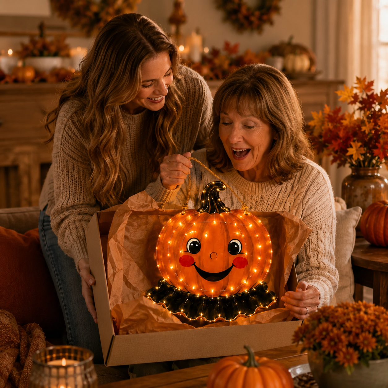 Early Sale for Halloween without the scary look and the whole autumn season--11.8 in × 11.8 in Lighted Wooden Smiling Pumpkin Door Hanger