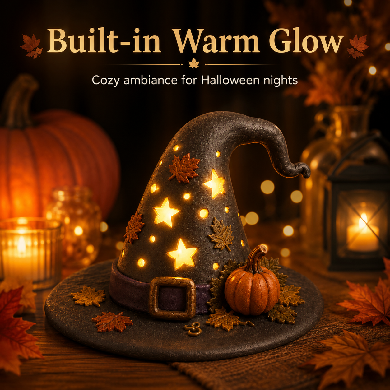 Autumn Witch Hat Tabletop Night Light – Lighted Fall Resin Decor