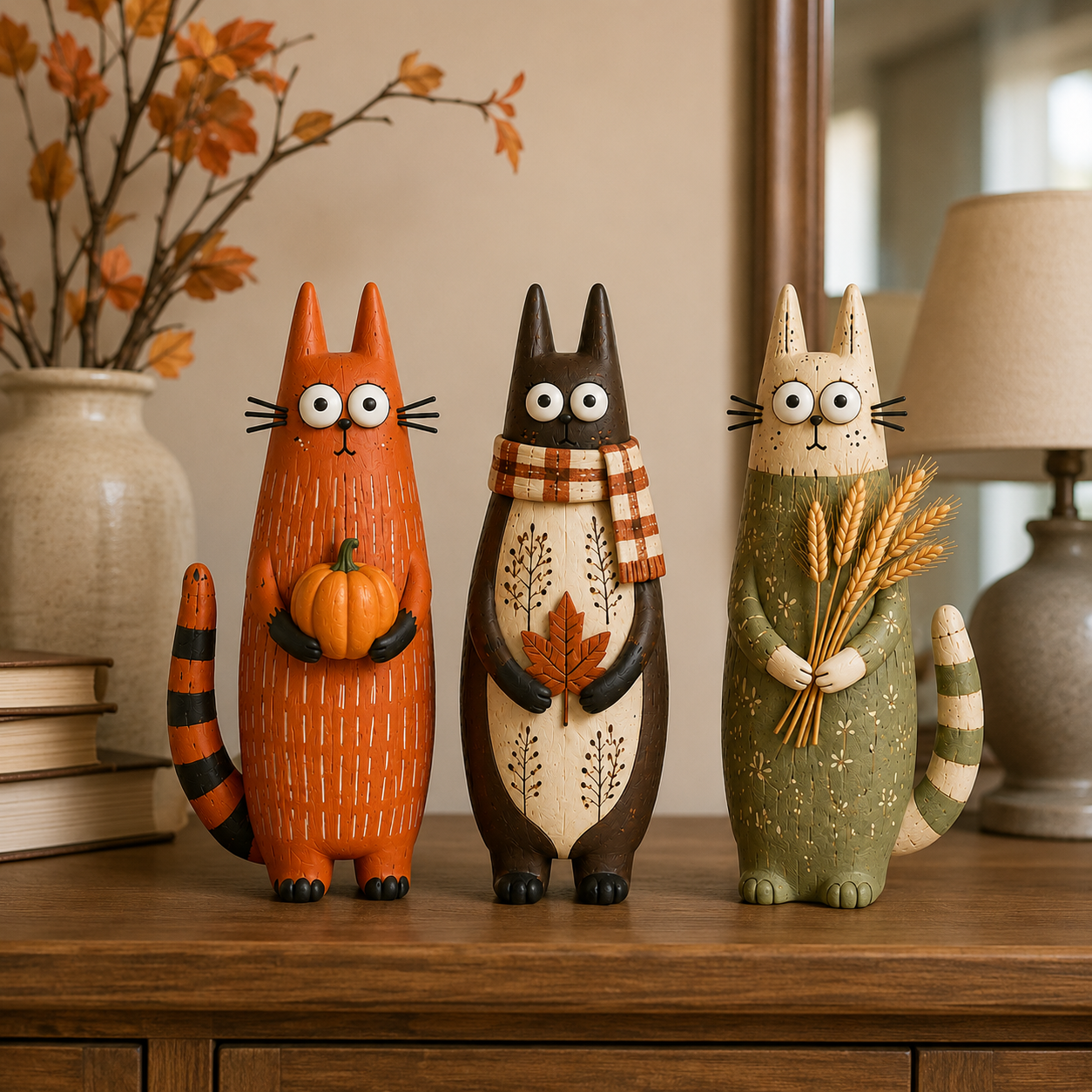 Whimsical Harvest Cat Figurine Set – Set of 3