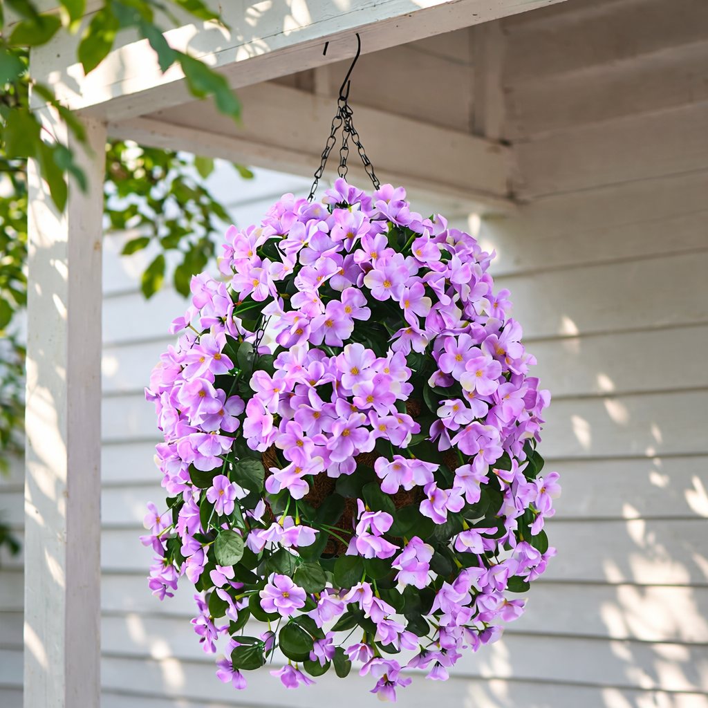 Artificial Hanging Flower Basket with Coconut Liner – Faux Outdoor Hanging Flowers Planter for Porch, Patio, Balcony & Garden Spring Decoration