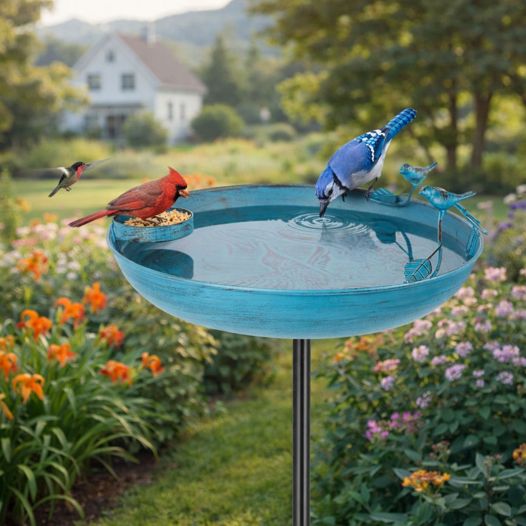 Outdoor Metal Bird Bath with Feeder – 37" Tall Garden Decor