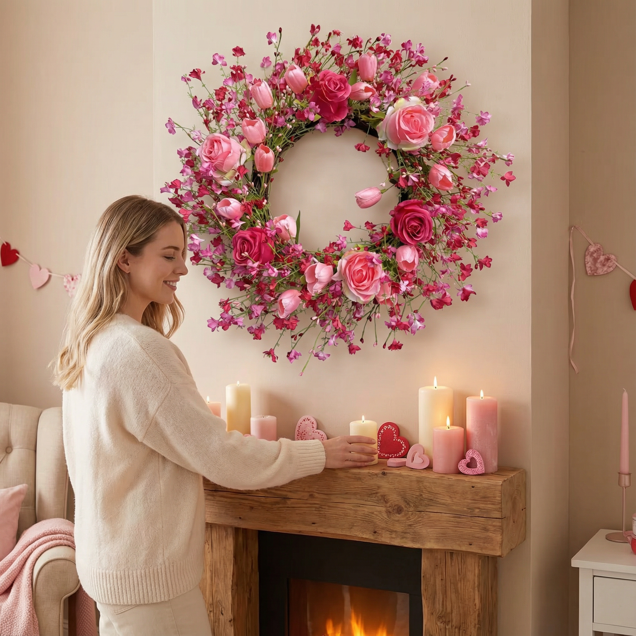 Valentine's Day Flower Wreath with Tulips Heart Berry for Window Porch Indoors Outside