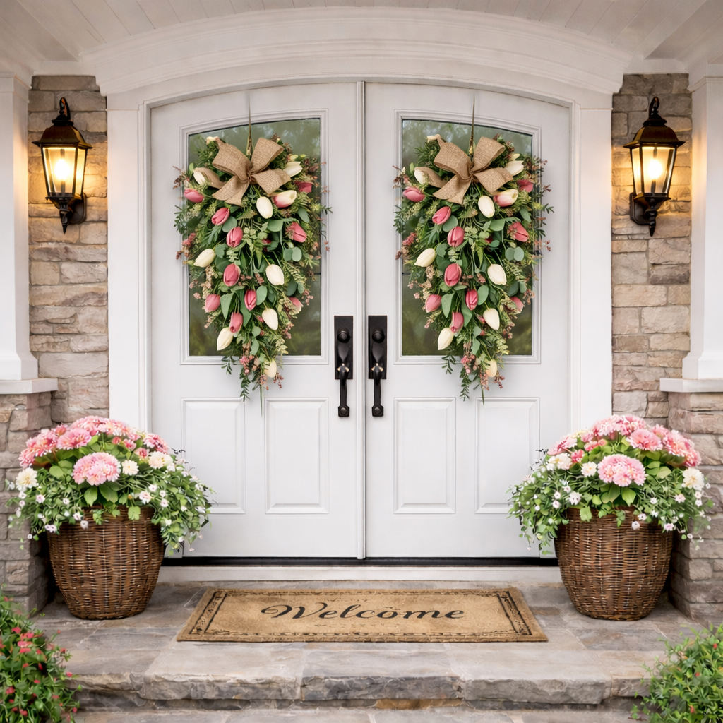 Artificial Tulip Door Swag with Greenery Leaves and Burlap Bow