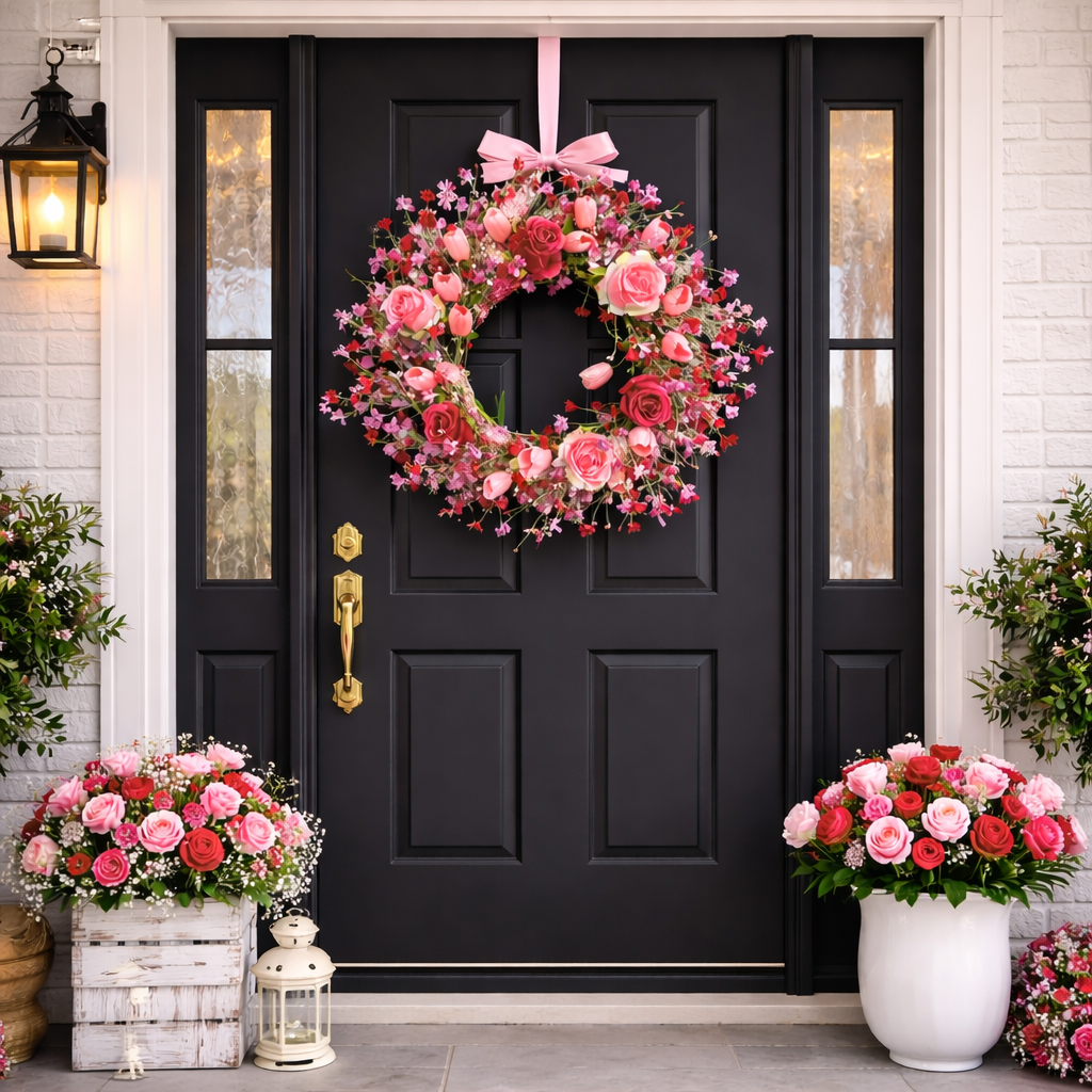 Valentine's Day Flower Wreath with Tulips Heart Berry for Window Porch Indoors Outside