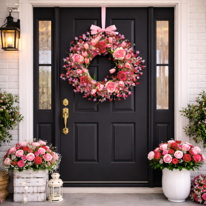 Valentine's Day Flower Wreath with Tulips Heart Berry for Window Porch Indoors Outside