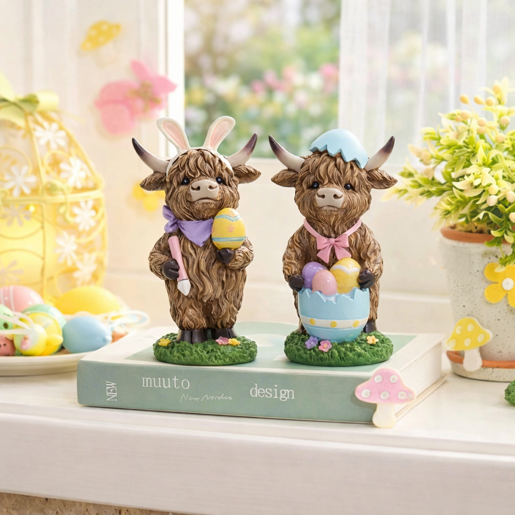 Easter Highland Cow Set with Bunny Ears on Base