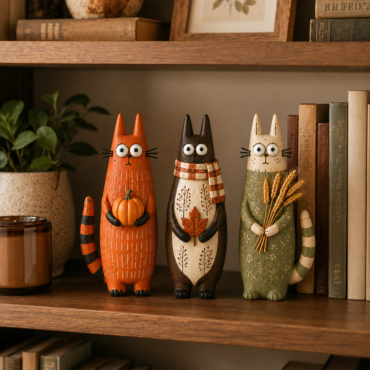 Whimsical Harvest Cat Figurine Set – Set of 3