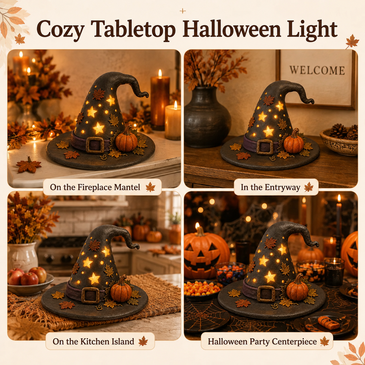 Autumn Witch Hat Tabletop Night Light – Lighted Fall Resin Decor