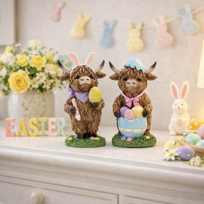 Easter Highland Cow Set with Bunny Ears on Base