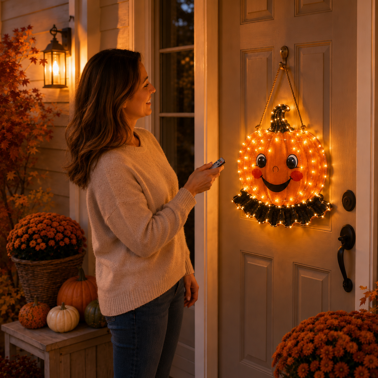 11.8 in × 11.8 in Lighted Wooden Smiling Pumpkin Door Hanger