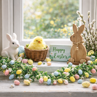 Easter Artificial Garland Decor with Colorful Eggs and Eucalyptus Leaves