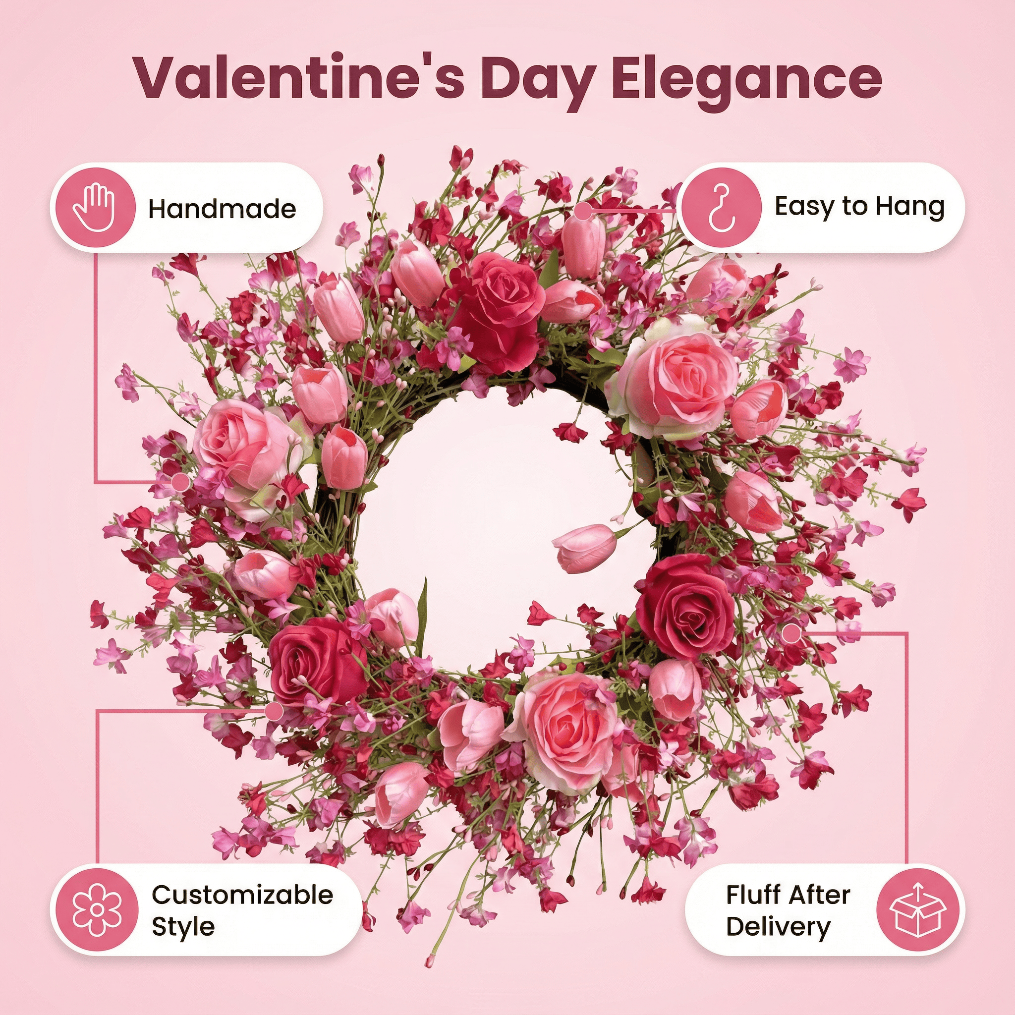 Valentine's Day Flower Wreath with Tulips Heart Berry for Window Porch Indoors Outside