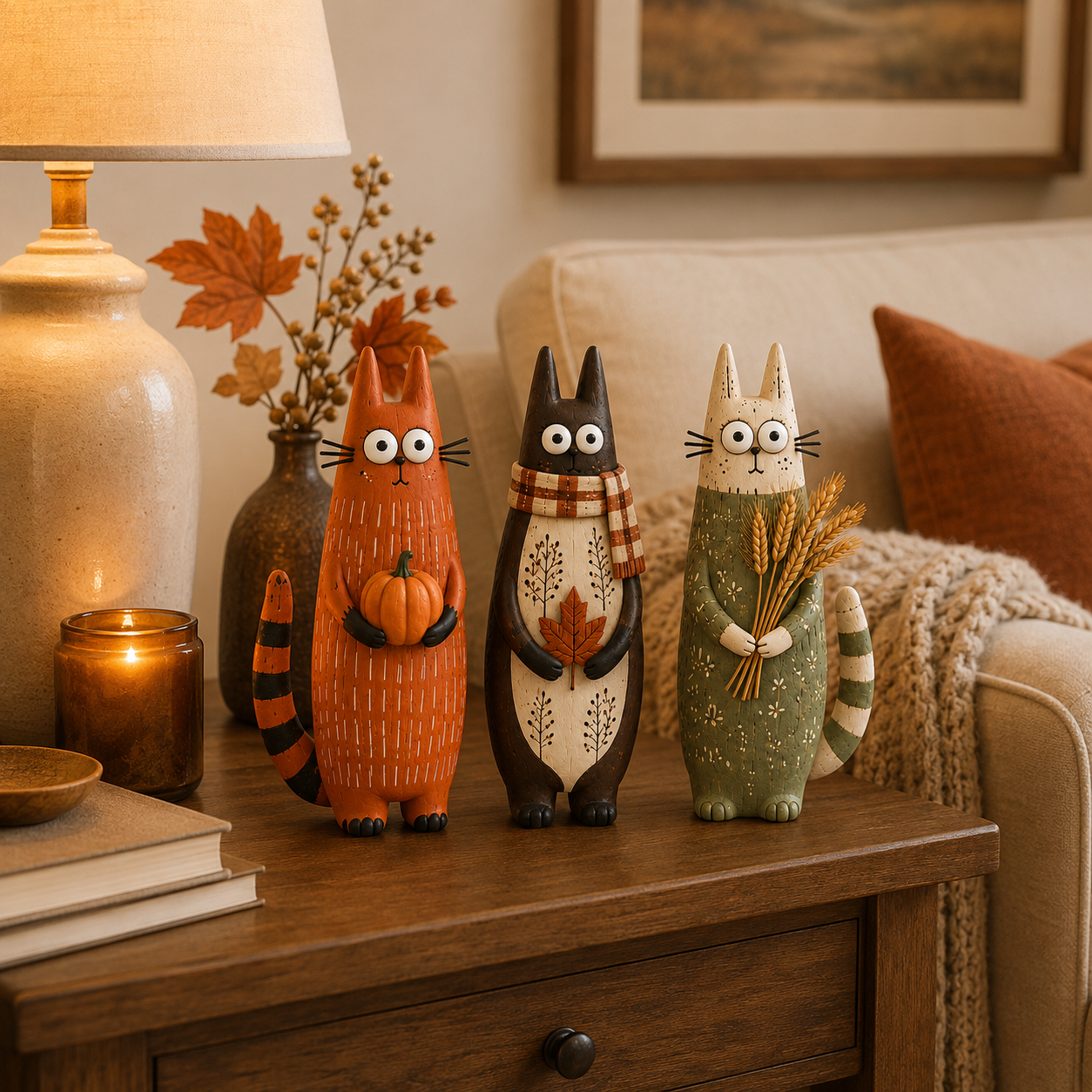 Whimsical Harvest Cat Figurine Set – Set of 3