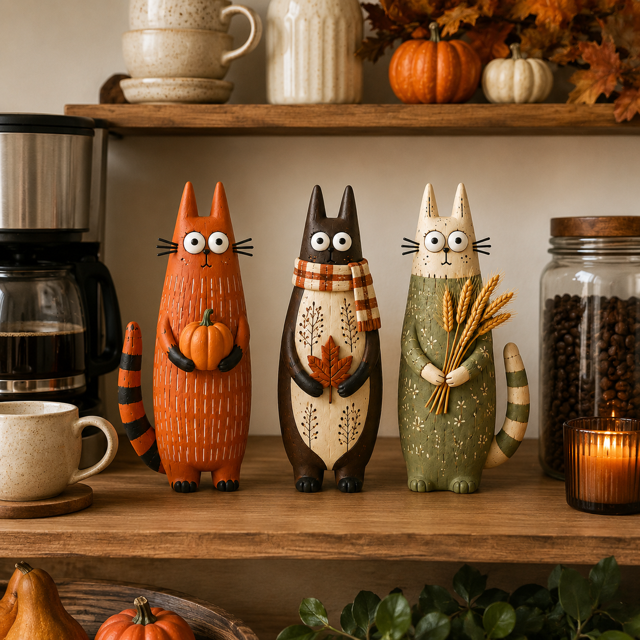 Whimsical Harvest Cat Figurine Set – Set of 3