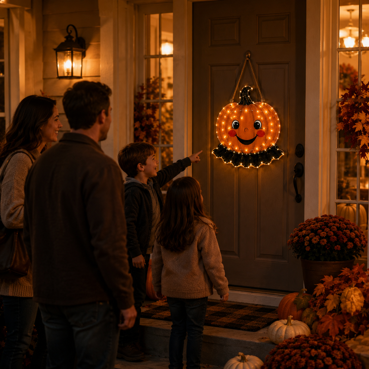 11.8 in × 11.8 in Lighted Wooden Smiling Pumpkin Door Hanger