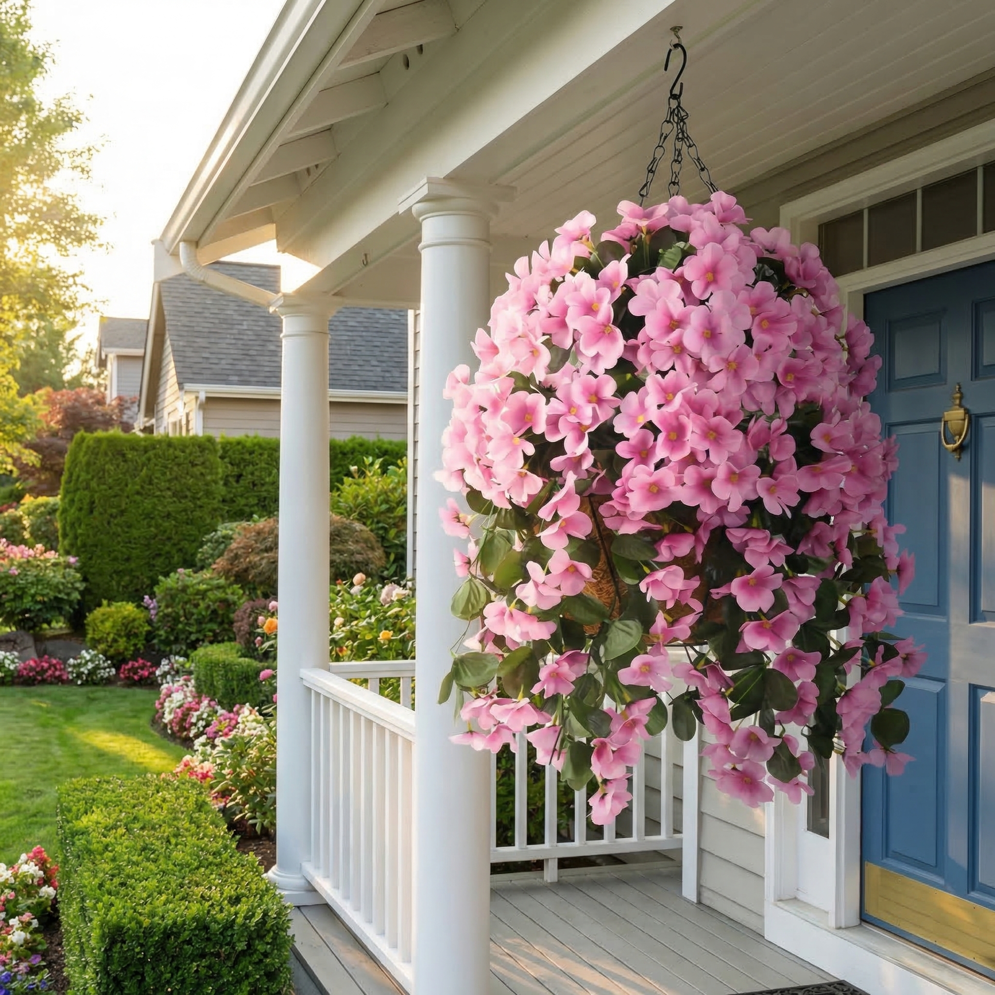 Artificial Hanging Flower Basket with Coconut Liner – Faux Outdoor Hanging Flowers Planter for Porch, Patio, Balcony & Garden Spring Decoration