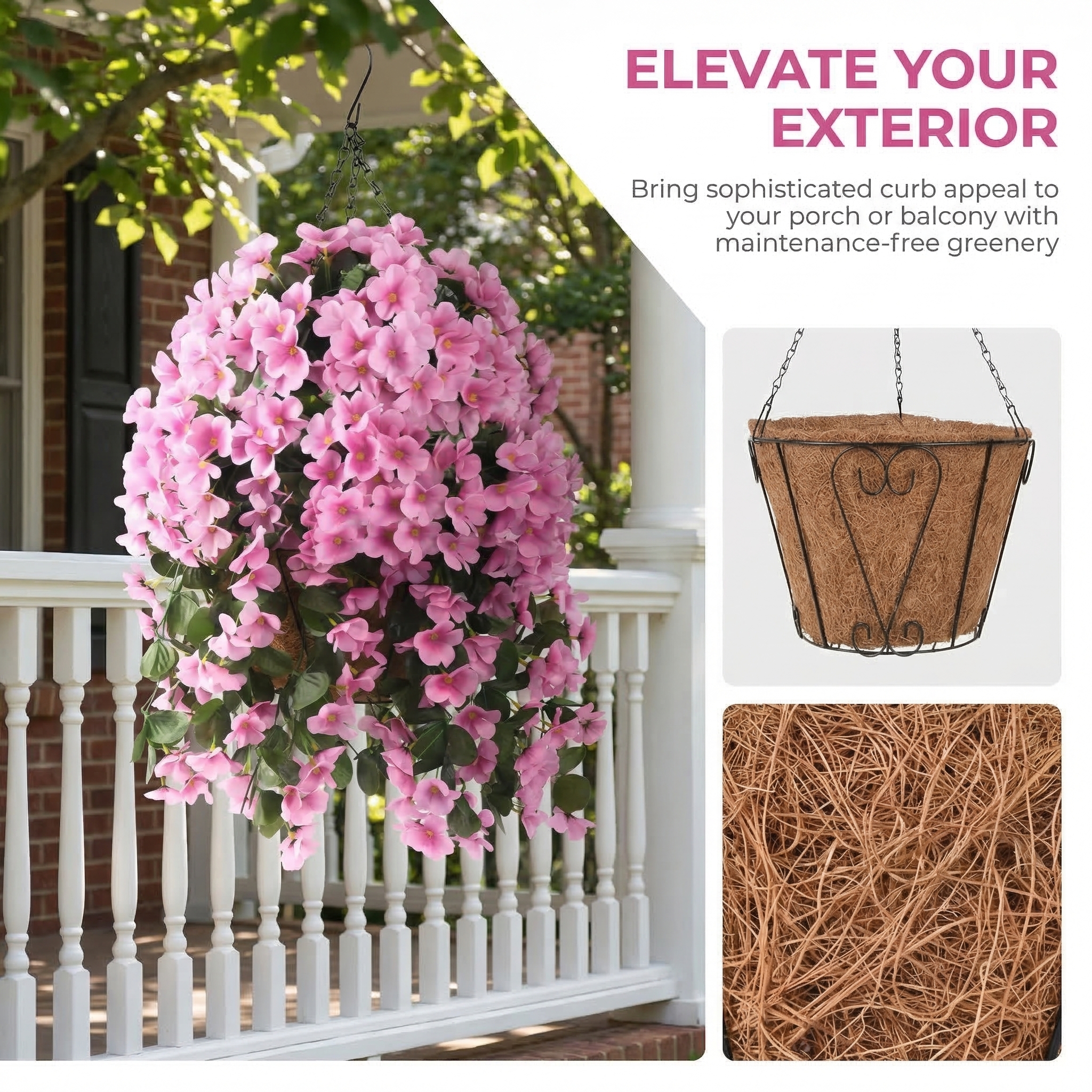 Artificial Hanging Flower Basket with Coconut Liner – Faux Outdoor Hanging Flowers Planter for Porch, Patio, Balcony & Garden Spring Decoration