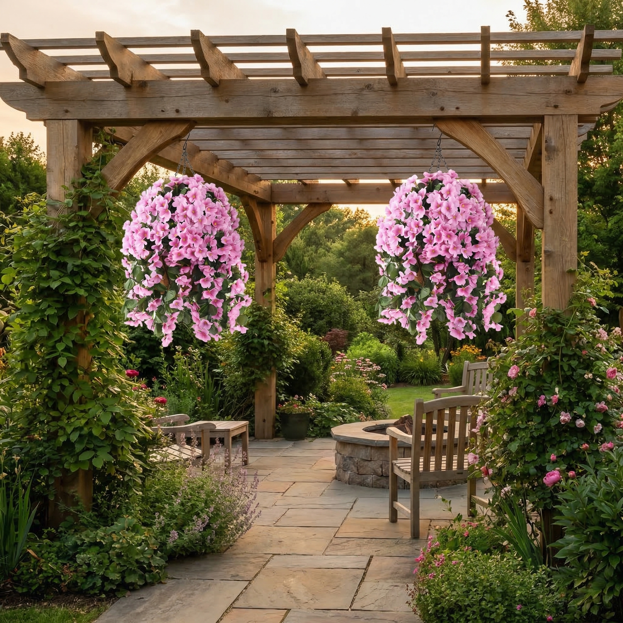 Artificial Hanging Flower Basket with Coconut Liner – Faux Outdoor Hanging Flowers Planter for Porch, Patio, Balcony & Garden Spring Decoration