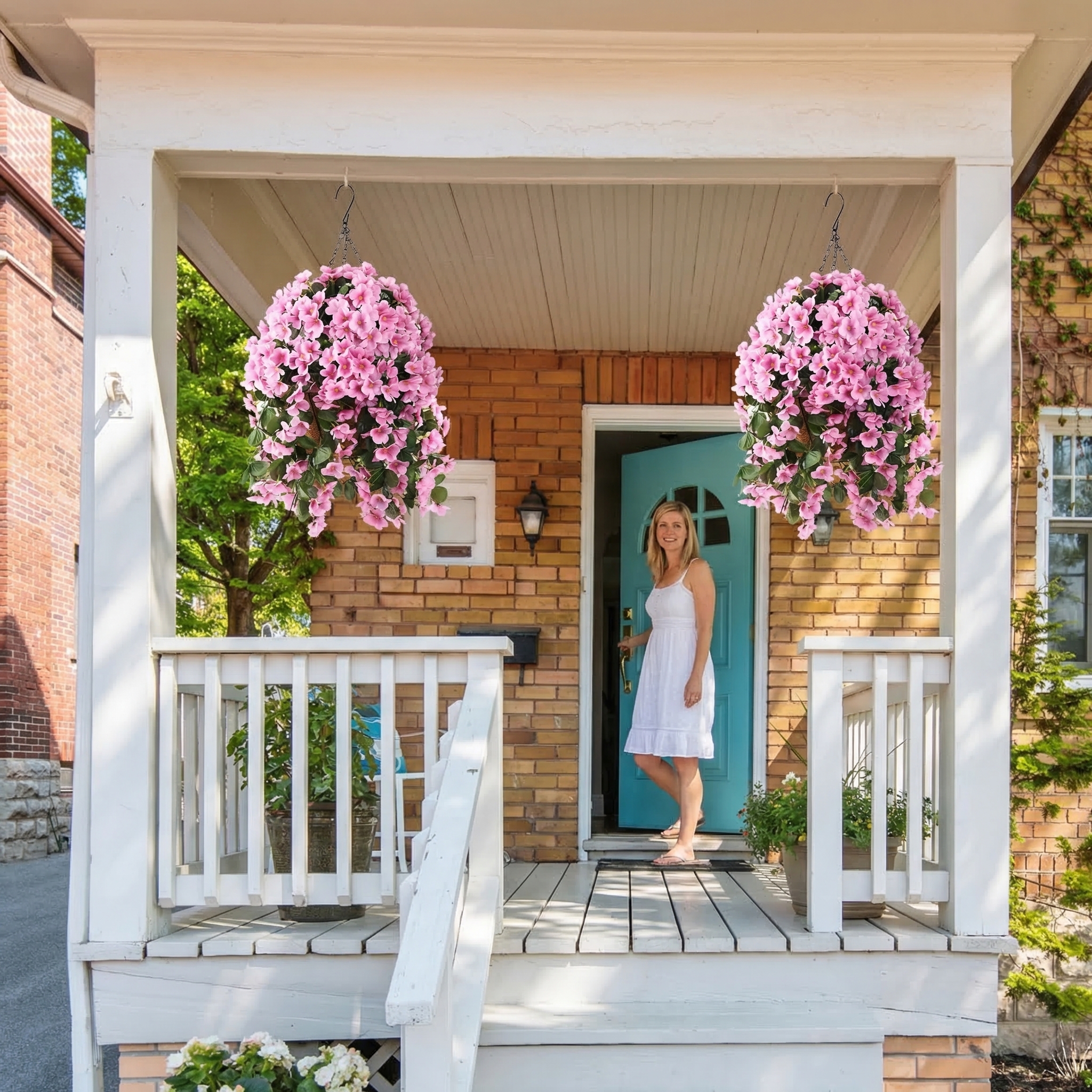 Artificial Hanging Flower Basket with Coconut Liner – Faux Outdoor Hanging Flowers Planter for Porch, Patio, Balcony & Garden Spring Decoration