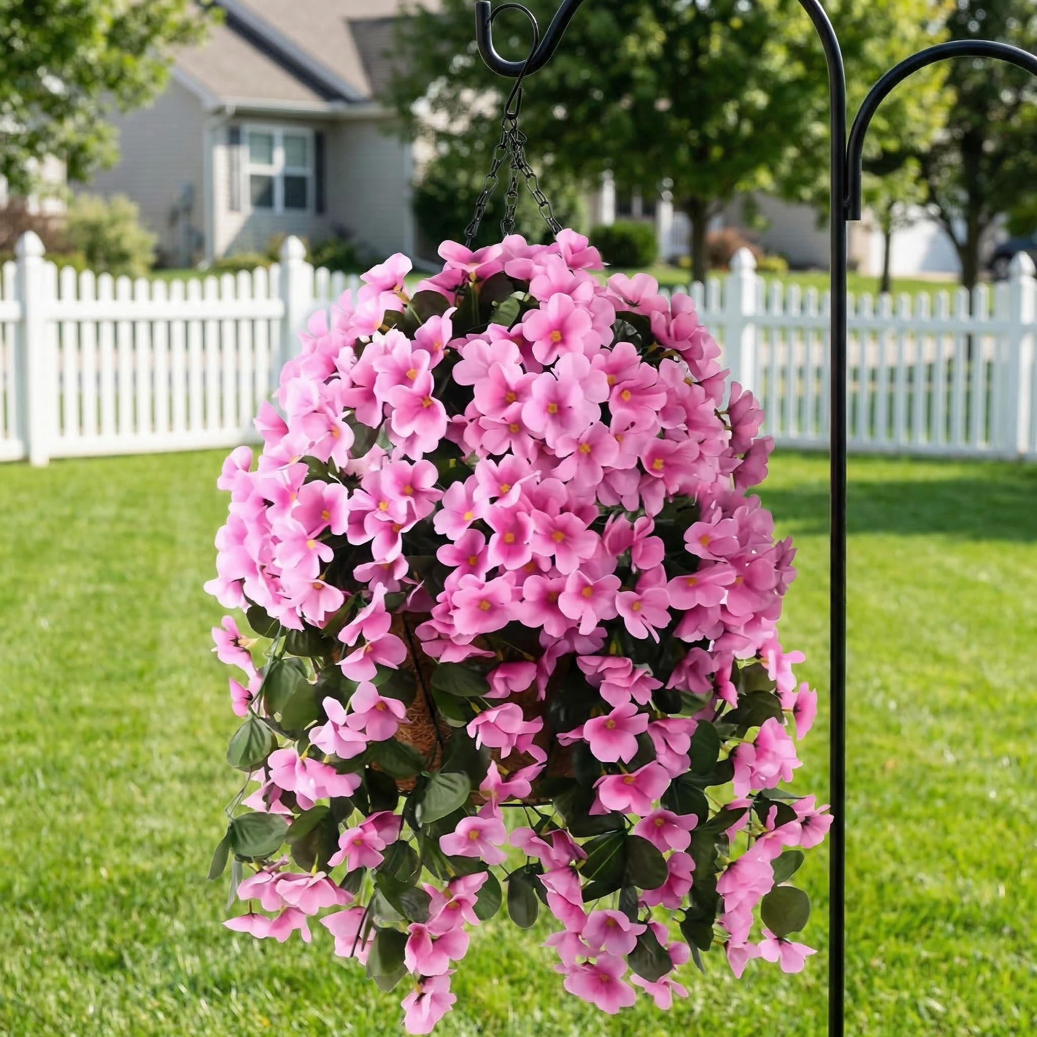 Artificial Hanging Flower Basket with Coconut Liner – Faux Outdoor Hanging Flowers Planter for Porch, Patio, Balcony & Garden Spring Decoration