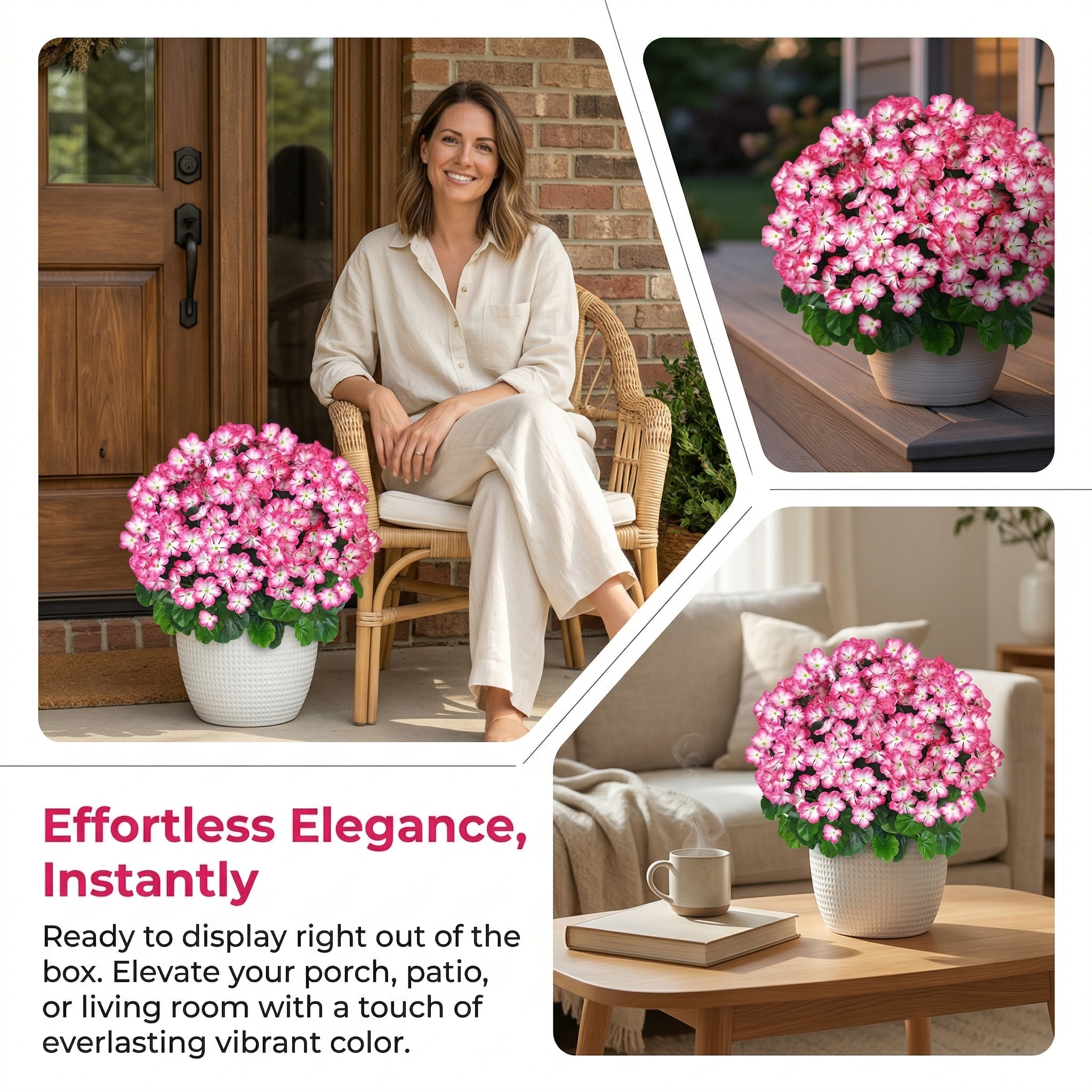 Artificial Geranium Bush – 20 Inch Outdoor Potted Artificial Plant for Front Porch