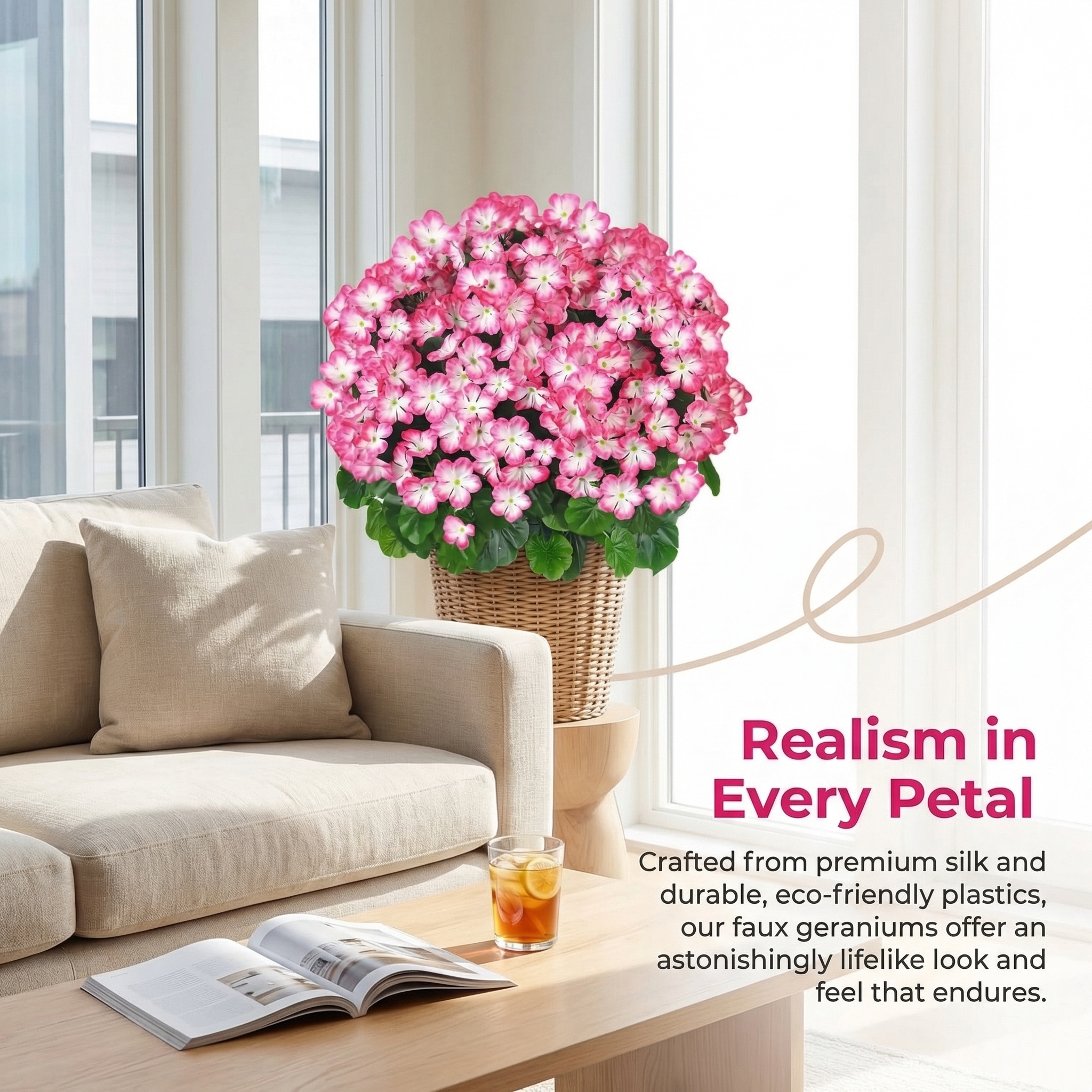 Artificial Geranium Bush – 20 Inch Outdoor Potted Artificial Plant for Front Porch